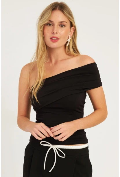 Kadın Siyah Tek Omuz Bluz DMR325