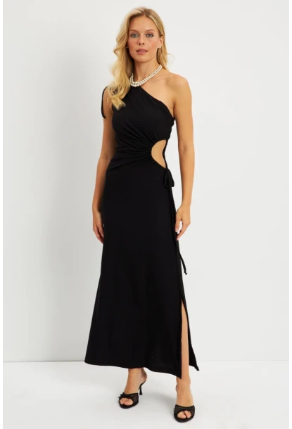 Kadın Siyah Tek Omuz Bürümcük Midi Elbise EY2786