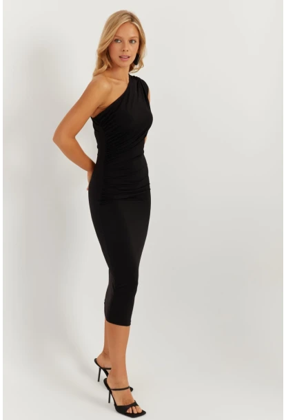 Kadın Siyah Tek Omuz Büzgülü Midi Elbise MEN2039