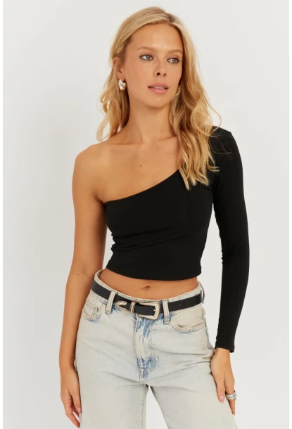 Kadın Siyah Tek Omuz Crop Bluz CY445