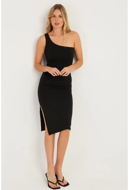 Kadın Siyah Tek Omuz Midi Elbise CG343