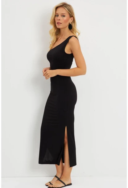 Kadın Siyah Tek Omuz Midi Elbise DMR284
