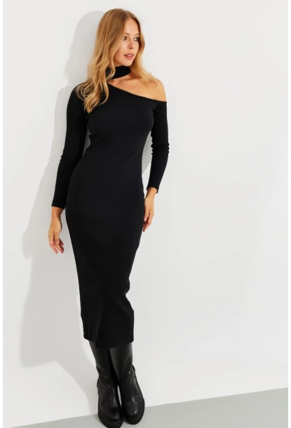 Kadın Siyah Tek Omuzu Açık Midi Elbise EY2562