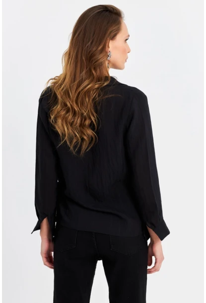 Kadın Siyah Tokalı Kruvaze Gömlek MRS15744