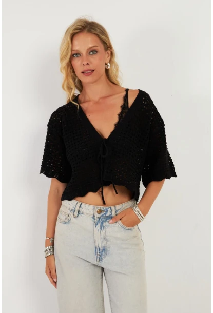 Kadın Siyah Triko Ajurlu Hırka YV255