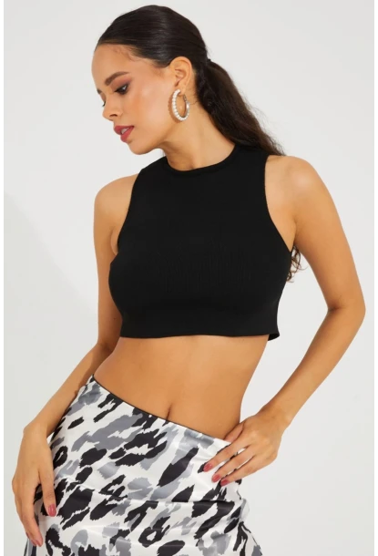 Kadın Siyah Triko Crop Triko Bluz KZ2447
