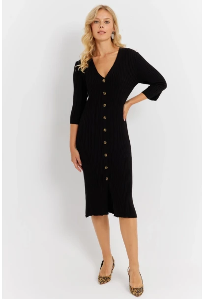 Kadın Siyah Triko Midi Gömlek Elbise YV274