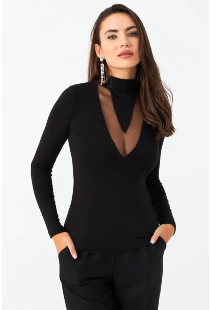 Kadın Siyah Tül Detaylı Bluz EY2977