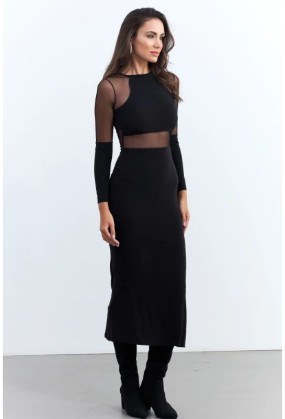 Kadın Siyah Tül Detaylı Midi Elbise ELT3834