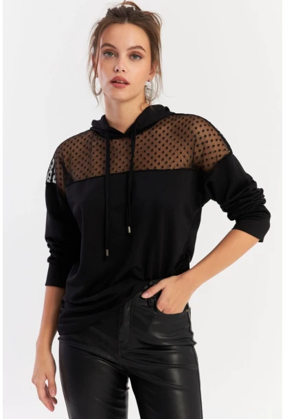 Kadın Siyah Üstü Tül Kapüşonlu Sweatshirt EY2934