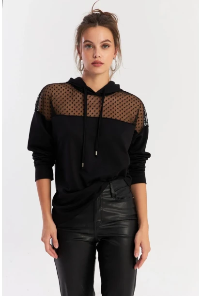 Kadın Siyah Üstü Tül Kapüşonlu Sweatshirt EY2934