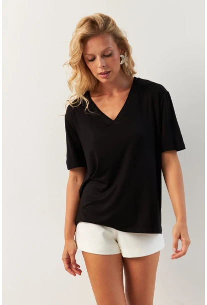 Kadın Siyah V Yaka Bluz RX441