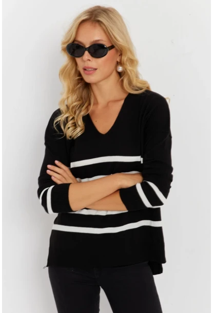 Kadın Siyah V Yaka Çizgili Triko Kazak YİL550
