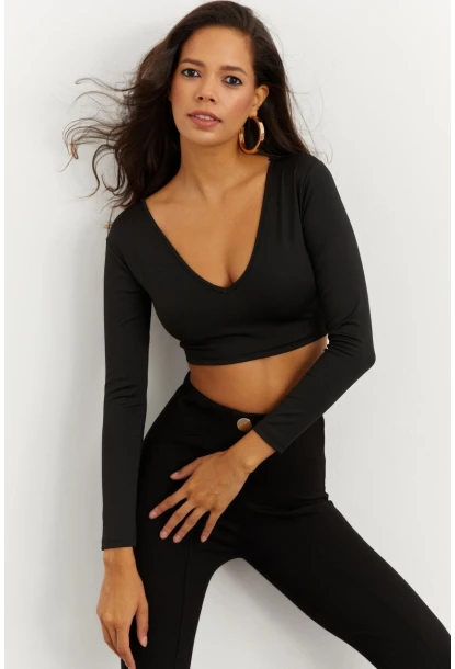 Kadın Siyah V Yaka Crop Bluz CG265