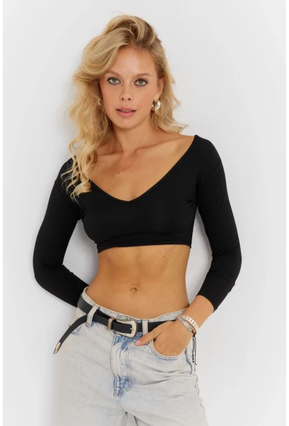 Kadın Siyah V Yaka Crop Bluz CG368