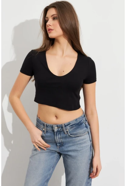 Kadın Siyah V Yaka Crop Bluz TOP101