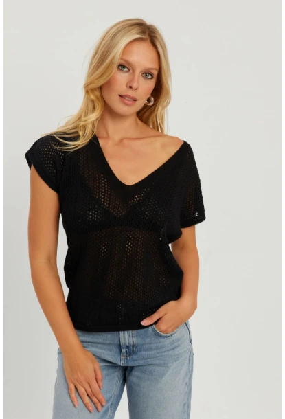 Kadın Siyah V Yaka Fileli Bluz SMT230