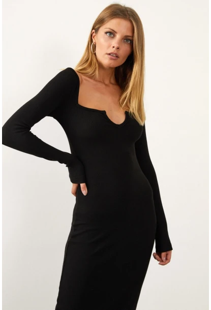 Kadın Siyah V Yaka Maxi Kaşkorse Elbise EY1086