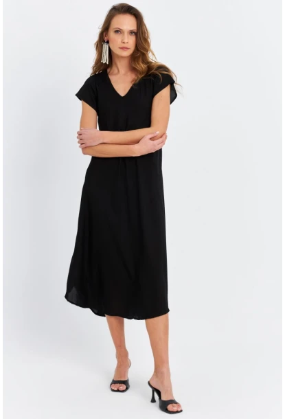 Kadın Siyah V Yaka Midi Elbise PC22649