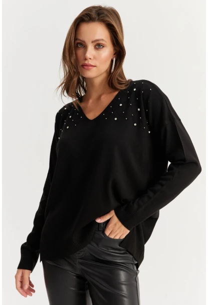 Kadın Siyah V Yaka Taşlı İnce Triko Bluz YİL002