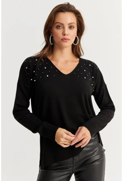 Kadın Siyah V Yaka Taşlı İnce Triko Bluz YİL002