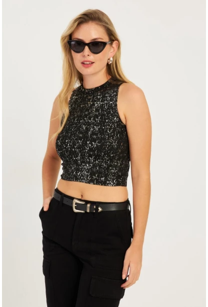 Kadın Siyah Varaklı Bluz KZ2509