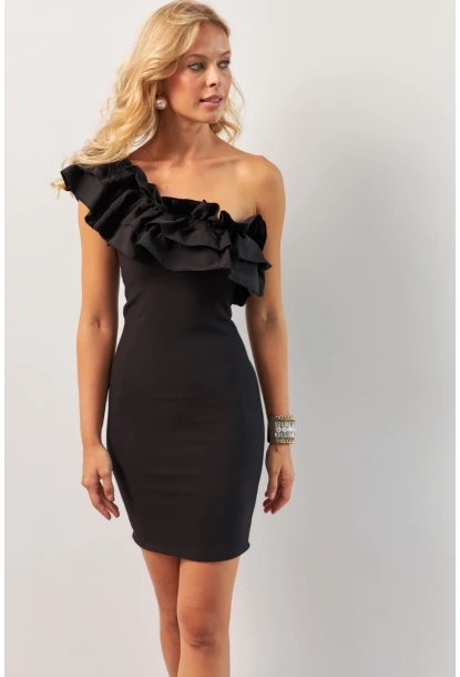 Kadın Siyah Volanlı Mini Elbise KED4294