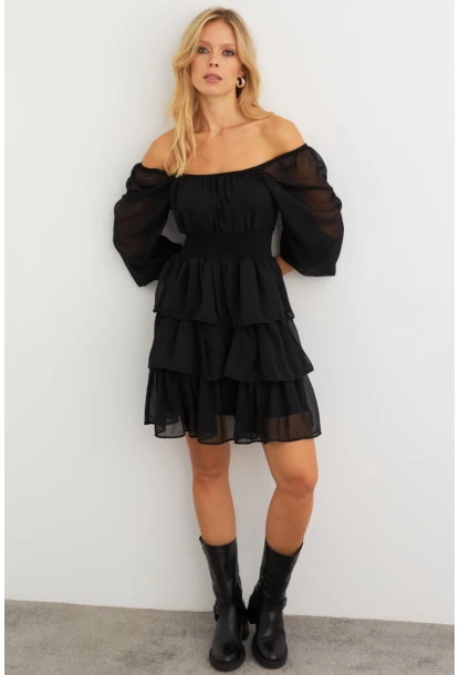 Kadın Siyah Volanlı Şifon Mini Elbise KSD2831