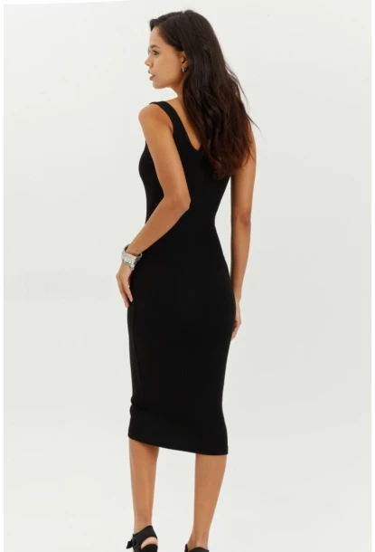 Kadın Siyah Yaka Düğmeli Kaşkorse Midi Elbise CG237