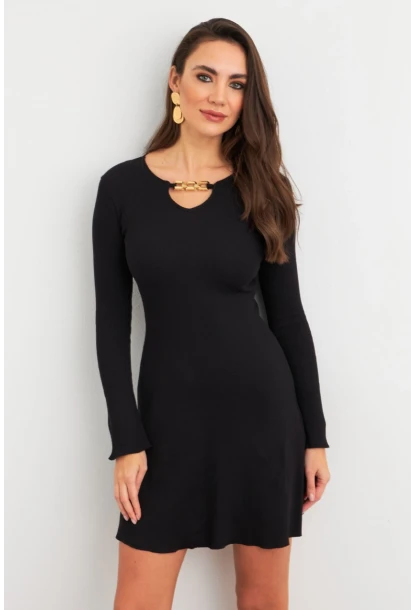 Kadın Siyah Yakası Aksesuarlı Mini Elbise FRY2267
