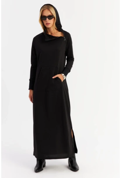 Kadın Siyah Yakası Fermuarlı Maxi Sweat Elbise MTF12