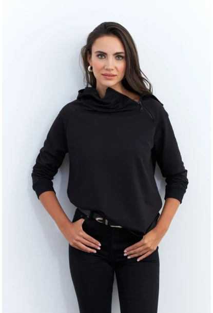 Kadın Siyah Yakası Fermuarlı Sweatshirt TF11