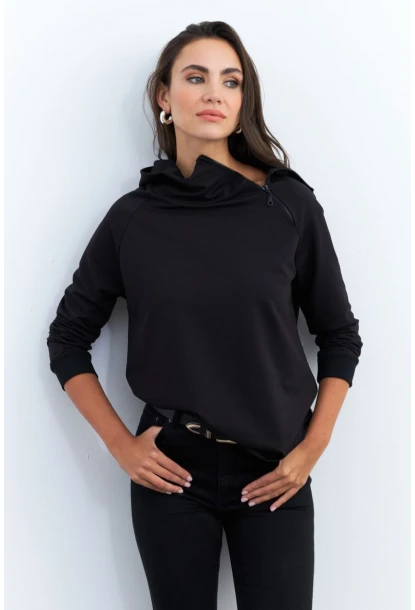 Kadın Siyah Yakası Fermuarlı Sweatshirt TF11