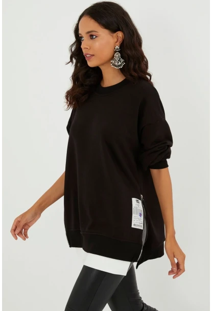 Kadın Siyah Yanları Fermuarlı Oversize Sweatshirt BK231095