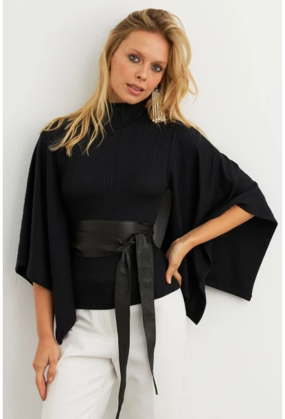Kadın Siyah Yarasa Kol Balıkçı Bluz MTF32
