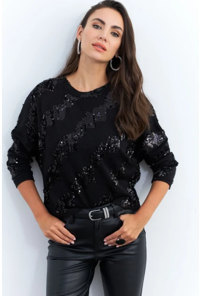 Kadın Siyah Yarasa Kol Payetli Triko Bluz PP6435