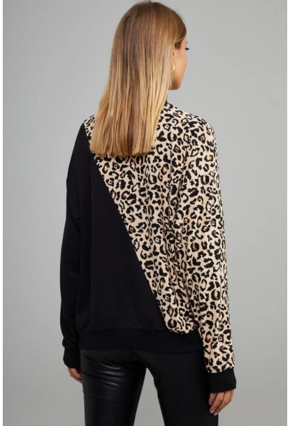 Kadın Siyah Yarım Balıkçı Bloklu Leopar Sweatshirt Yİ1991