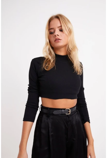 Kadın Siyah Yarım Balıkçı Crop Bluz CG113