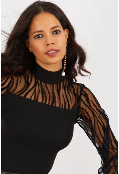 Kadın Siyah Yarım Balıkçı Üstü Tül Kaşkorse Bluz Yİ2401