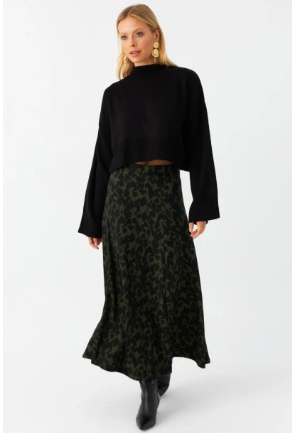 Kadın Siyah-Yeşil Desenli Çan Etek LON3007