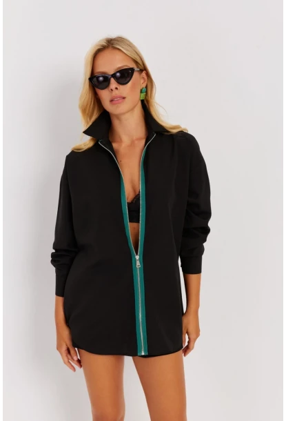 Kadın Siyah Yeşil Fermuarlı Uzun Gömlek SF1317