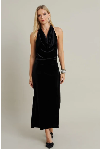 Kadın Siyah Yılbaşı Degaje Yaka Uzun Elbise GÇ197