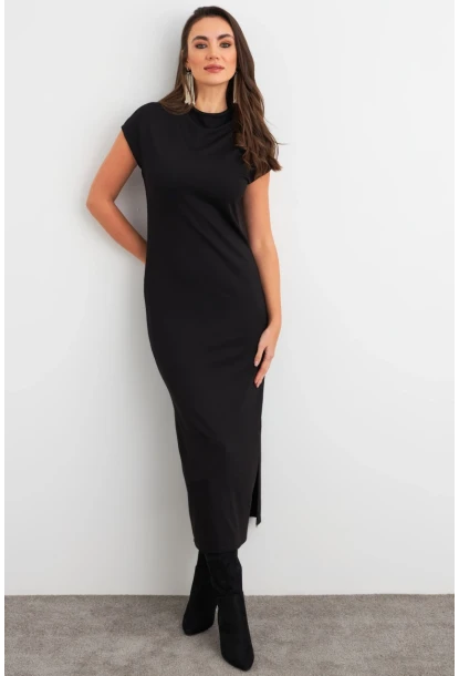 Kadın Siyah Yırtmaçlı Basic Midi Elbise AYD408