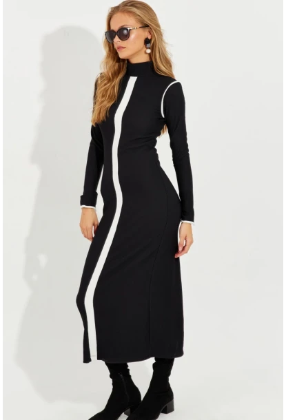 Kadın Siyah Yırtmaçlı Biyeli Midi Elbise RMZ1000