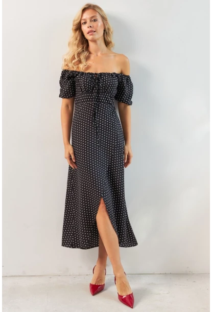 Kadın Siyah Yırtmaçlı Desenli Midi Elbise KED0243