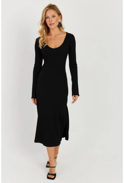 Kadın Siyah Yırtmaçlı Kaşkorse Midi Elbise EY2702