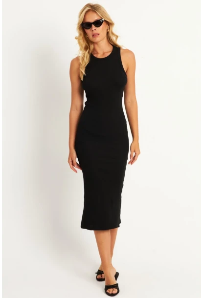 Kadın Siyah Yırtmaçlı Kaşkorse Midi Elbise MK15