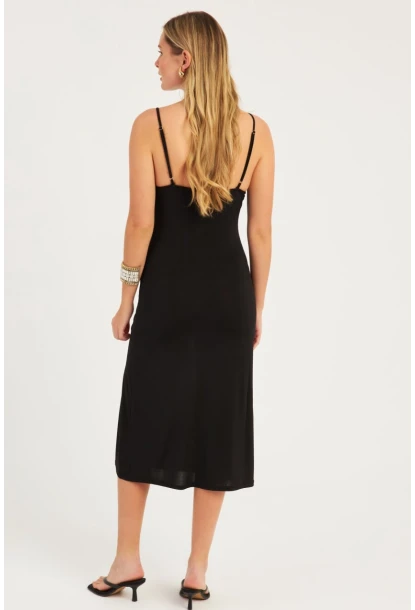 Kadın Siyah Yırtmaçlı Midi Elbise  MON1047