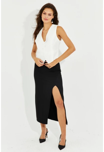Kadın Siyah Yırtmaçlı Midi Etek RMZ20522