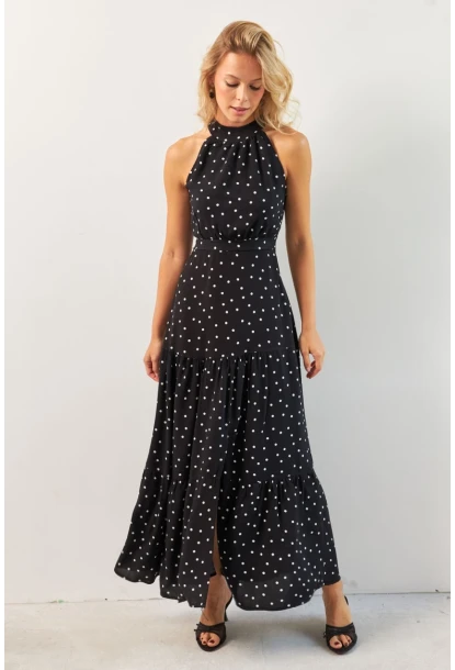 Kadın Siyah Yırtmaçlı Puantiyeli Midi Elbise KED4233